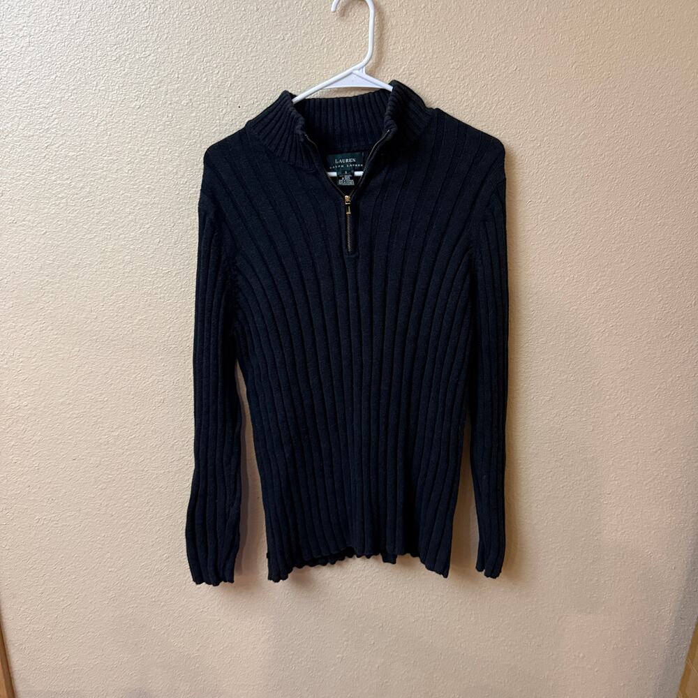 Lauren Ralph Lauren 1/4 zip ribbed sweater black ruffle bottom S quiet luxury